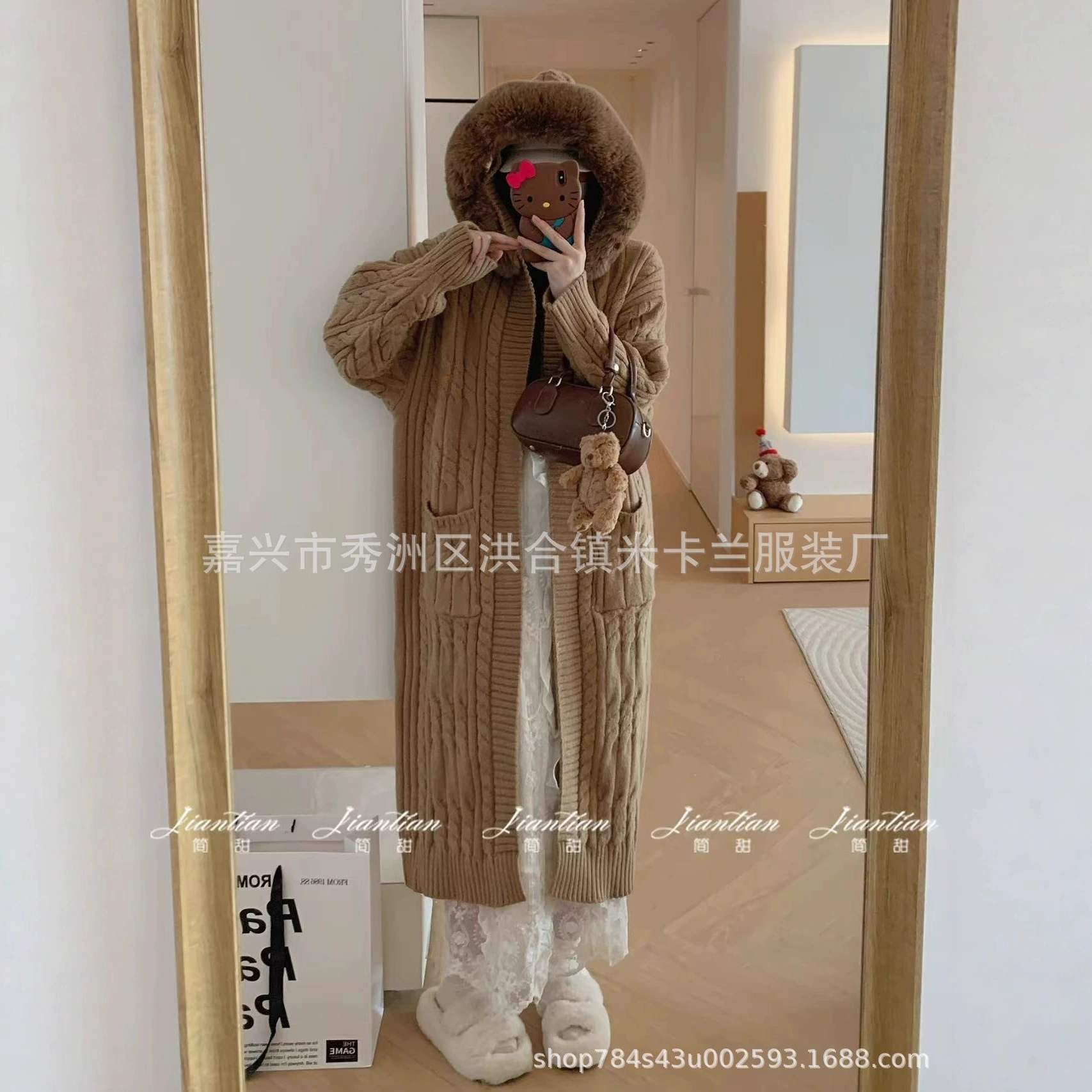 Sweater, long set, knitted woolen autumn jacket, increased thickness