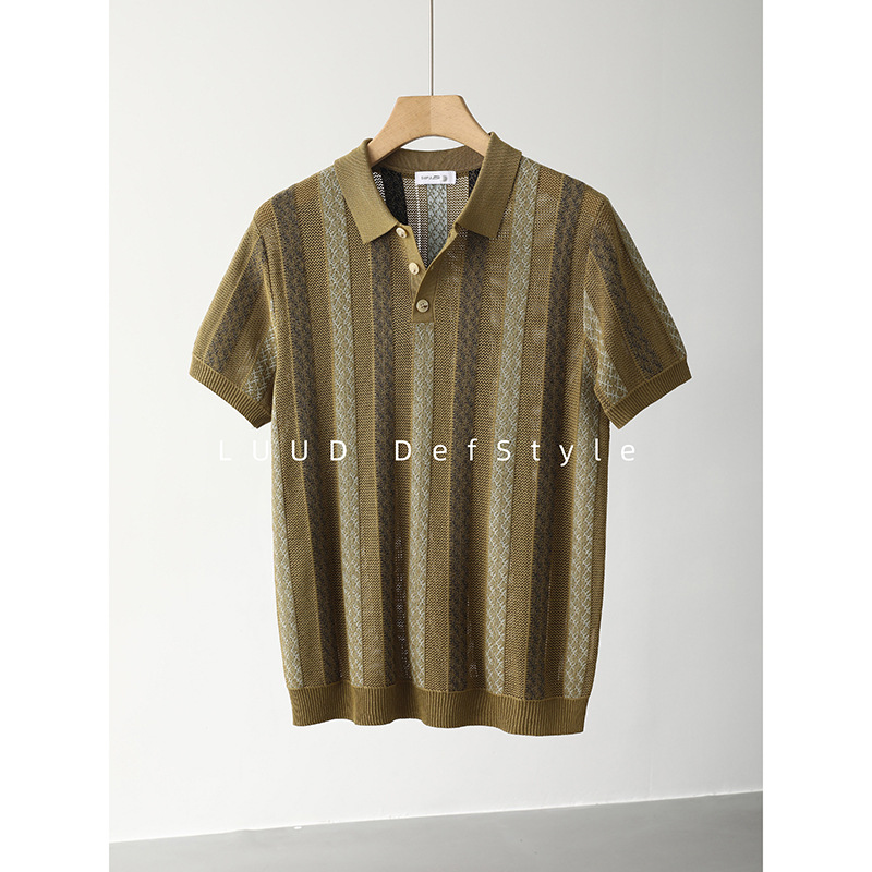 Polo camiseta de punto camiseta de manga corta camiseta de hombre solapa rayas huecas viejos vientos de alto nivel de verano fábrica transfronteriza al por mayor