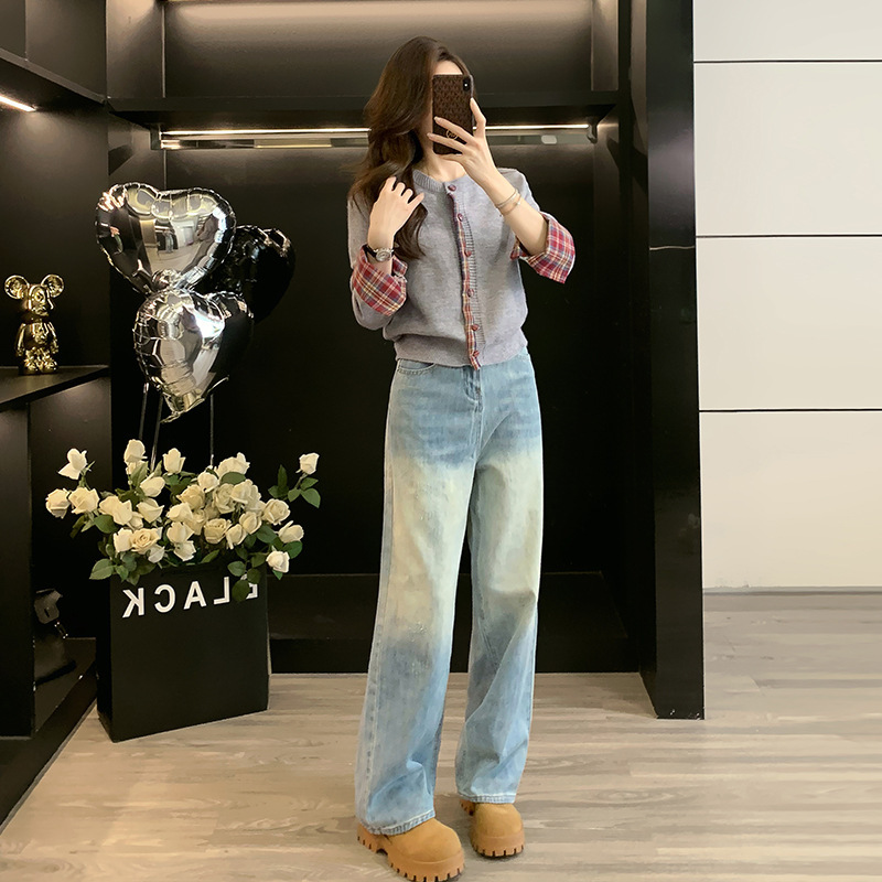 American Retro High-Waisted Jeans for Women, Autumn and Winter New Fake Two-Piece Sweater, Slim Straight Wide-Leg Pants Two-Piece Set, Trendy