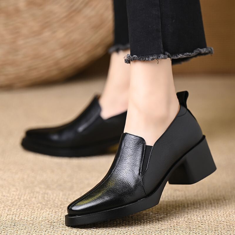 Retro British Style Thick-Soled Leather Shoes for Women, 2025 Spring and Autumn New Style, Chunky Heel Slip-On Versatile Fashion Flats