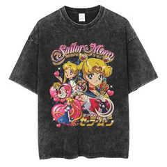 新型水洗いレトロ少女プリント街頭レトロtシャツ街潮丸襟半袖t