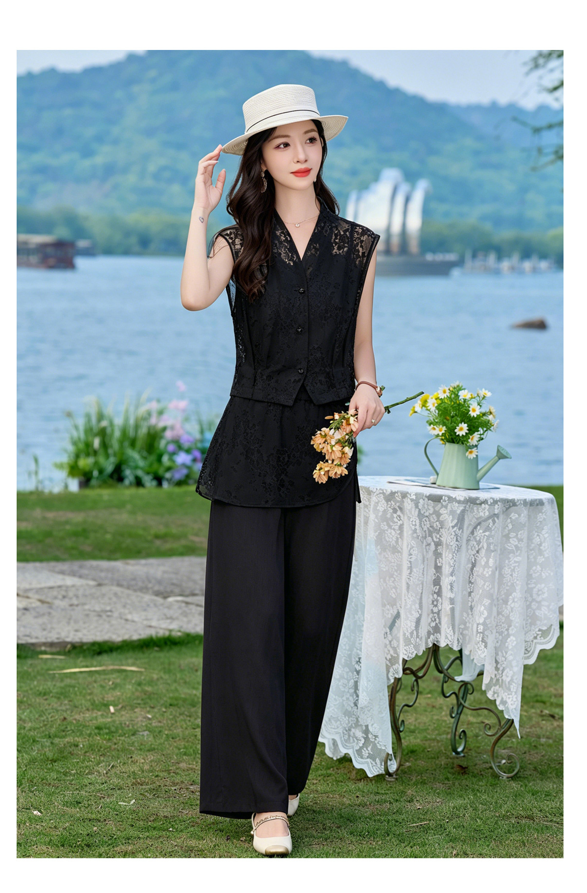 Bộ vest nữ không tay kết hợp quần ống rộng phối ren YQ9913 — màu đen, màu trắng ngà chi tiết 22