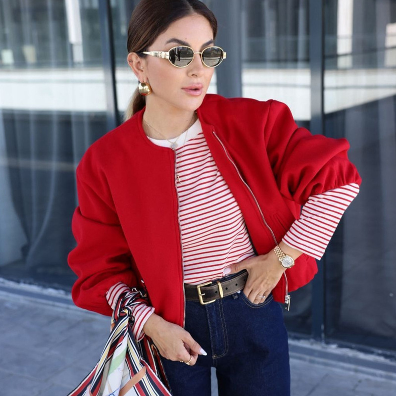 Aliexpress Cross-Border Export European and American Clothing Za Autumn and Winter New Round Neck Soft Short Bomber Jacket