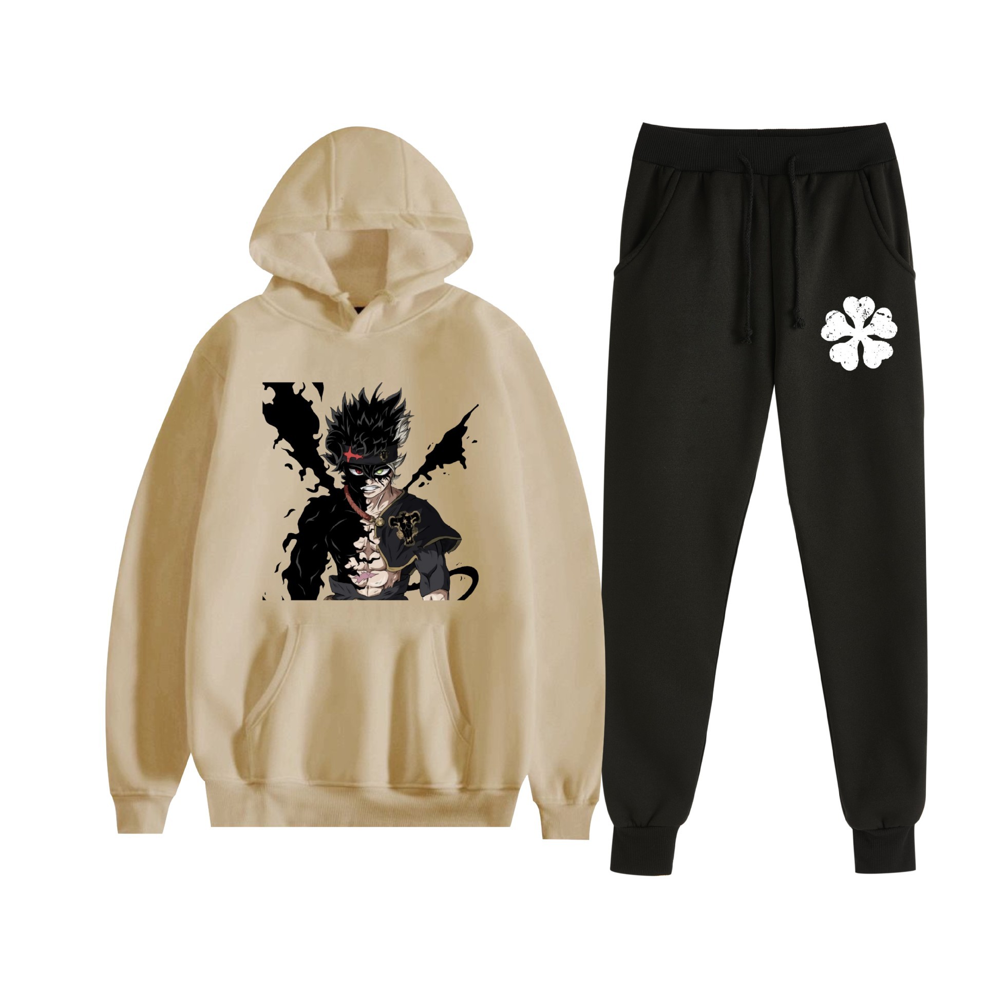 Europa y América otoño e invierno negro trébol de cuatro hojas periférico bidimensional hombres y mujeres deportes de ocio más suéter con capucha de terciopelo traje al por mayor