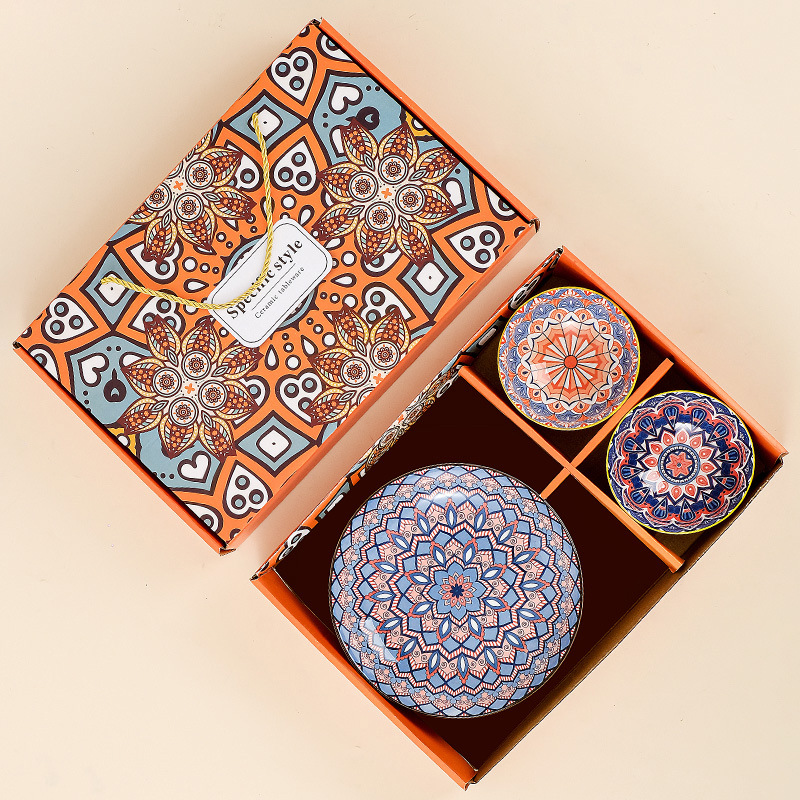 새로운 보헤미안 스타일 2인 식기 세트 (밥그릇 2개 + 접시 1개) + 선물 포장