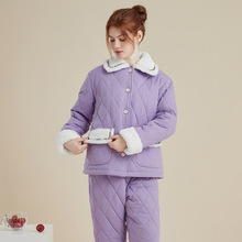 女士冬季三层夹棉睡衣家居服冬天新款纯棉袄加厚套装居家省服外穿