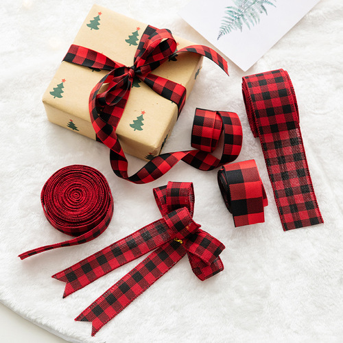 NUCHI Christmas Decorative Wire-Edged Red and Black Plaid Ribbon | Christmas Tree Accessories | Plaid Faux Linen Satin Ribbon