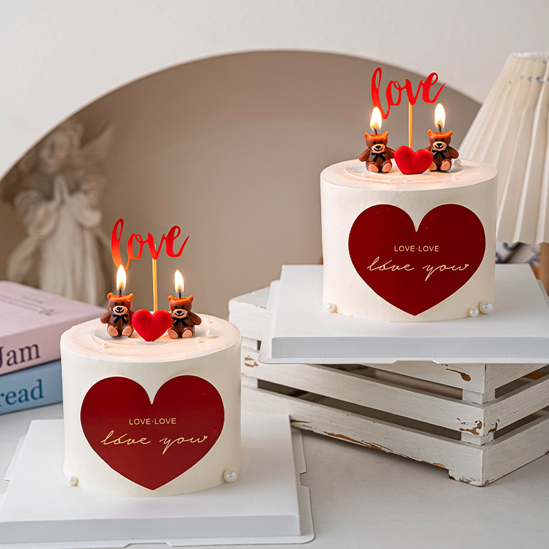 Chinese Valentine's Day Bear Candle Cake Decoration Love Card Love You Plug-In Couple Confession Dress up Chinese Valentine's Day Bear Candle Cake Decoration Love Card Love You Plug-In Couple Confession Dress up