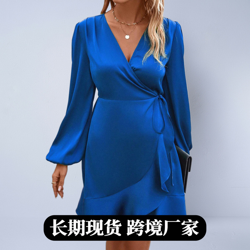 Foreign Trade European and American Women's Fashion Suit-Style Faux Silk Dress, Autumn Satin V-Neck Waist-Cinching Low-Cut Mid-Length Dress Foreign Trade European and American Women's Fashion Suit-Style Faux Silk Dress, Autumn Satin V-Neck Waist-Cinching Low-Cut Mid-Length Dress