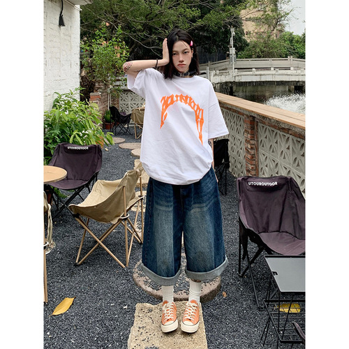 American casual loose silhouette washed retro distressed seven-quarter trendy Hong Kong style straight-leg denim seven-quarter shorts for men and women