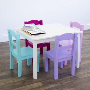 Children's Wooden Table with 4 Chairs Set Suitable for Kidsren for Art Crafts and Snack Time Solid Wood