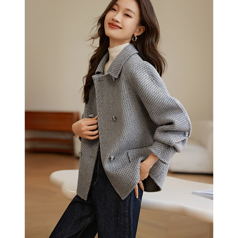 Direct Sale Wool Coat 2025 Winter Pineapple Pattern New Simple Fashion Loose Double-Breasted Coat for Women