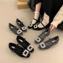 法式高级感灰色粗跟高跟方头水钻呢子加绒女秋冬季浅口玛丽珍鞋子