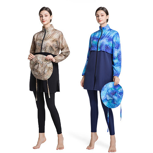 Three-piece conservative swimsuit for women, long-sleeved, sun-protective, quick-drying, sporty swimwear with printed beachwear design