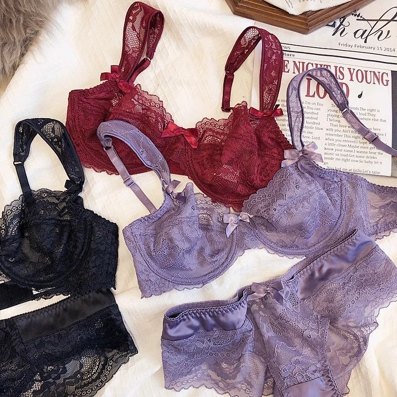 New French Style Underwear Ultra-Thin Lace Sexy Transparent Push-Up Big Breasts Showing Small Steel Ring Bra Bra Underwear Set