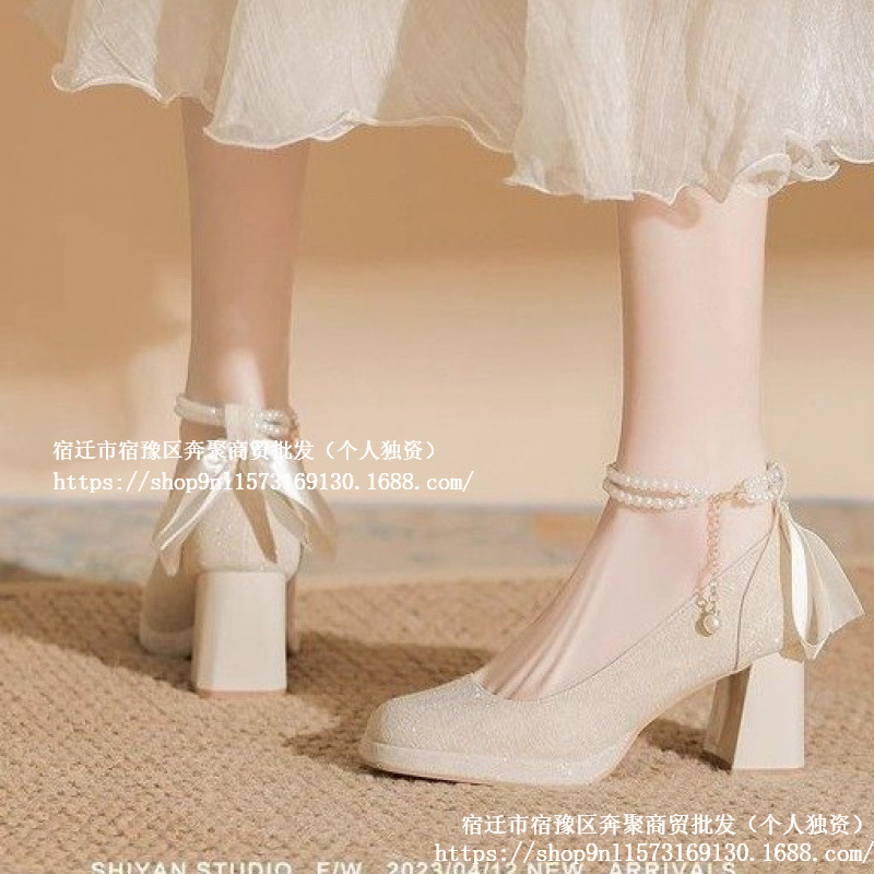 Waterproof platform high-heeled shoes for women, 2025 new style, French champagne-colored wedding shoes, bridal shoes, chunky heel Mary Jane flats