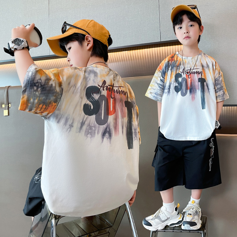 7259 Traje de manga corta para niños y niños 2025 verano nuevo estilo bebé camiseta de manga corta ropa para niños pequeños y medianos