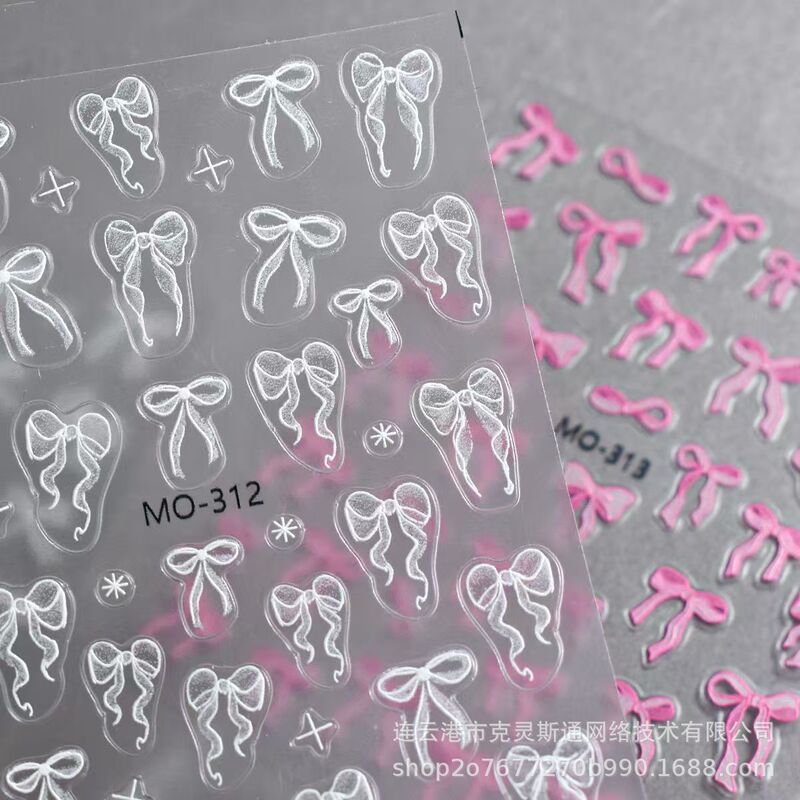 Bow Nail Art Sticker Embossed Stereo Cute Girl Heart Pink White Streamer Bow Nail Sticker Decoration