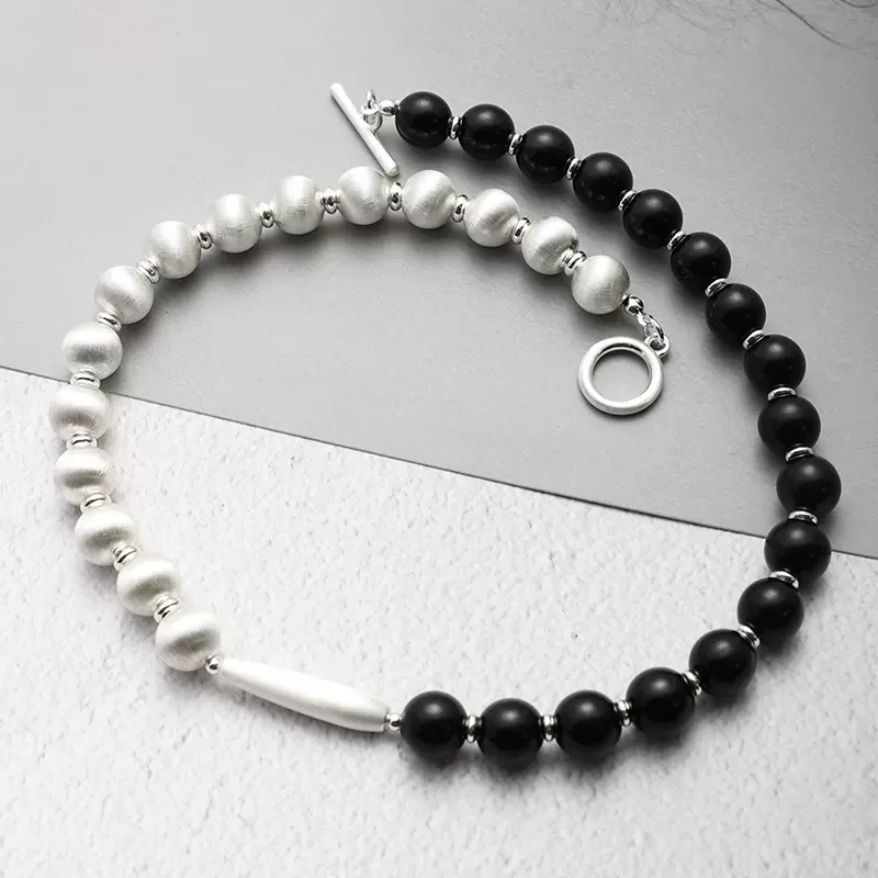 25年新款拉丝黑檀木项链耳环女小众设计拼接串珠锁骨链轻奢百搭女