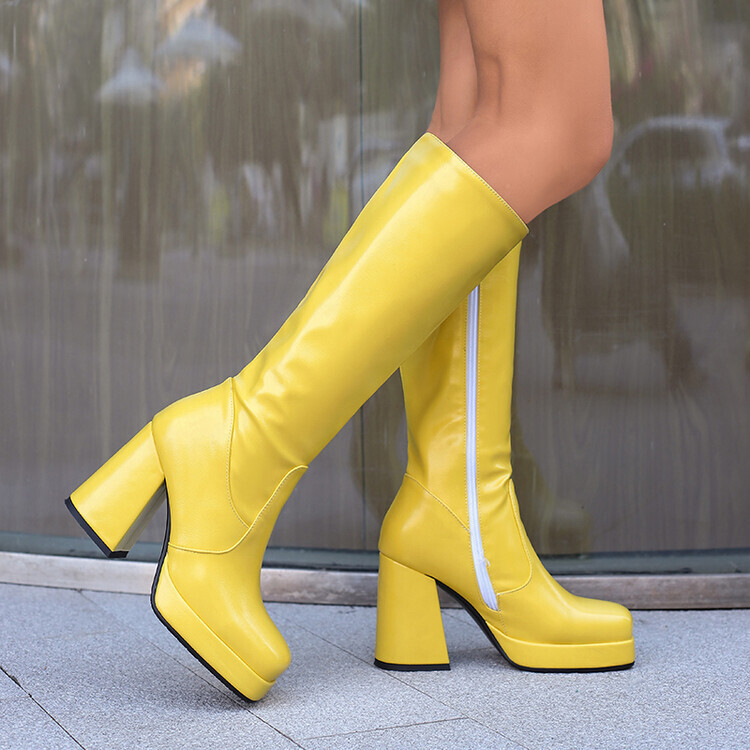 Simple square thigh-high boots waterproof platform thick heels high heels side zipper boots for women_voghion.com