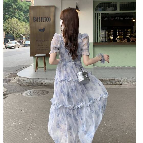 Improved, please look at the real French tea break bubble sleeve floral dress women's summer sweet temperament before placing an order