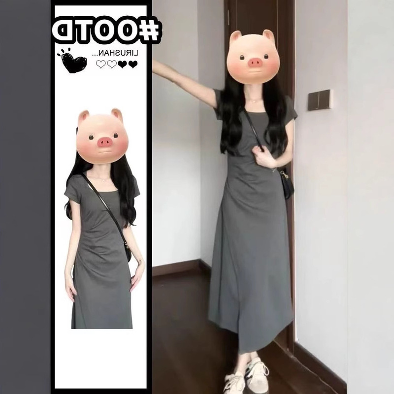 Round Neck Pleated Waist-Cinching Dress for Women, Summer 2026 New Style, Gray Slim-Fit Petite French A-Line Long Dress Round Neck Pleated Waist-Cinching Dress for Women, Summer 2026 New Style, Gray Slim-Fit Petite French A-Line Long Dress
