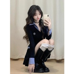 韩系假两件JK制服套装女秋春秋季辣妹纯欲收腰蓬蓬A字短裙两件套