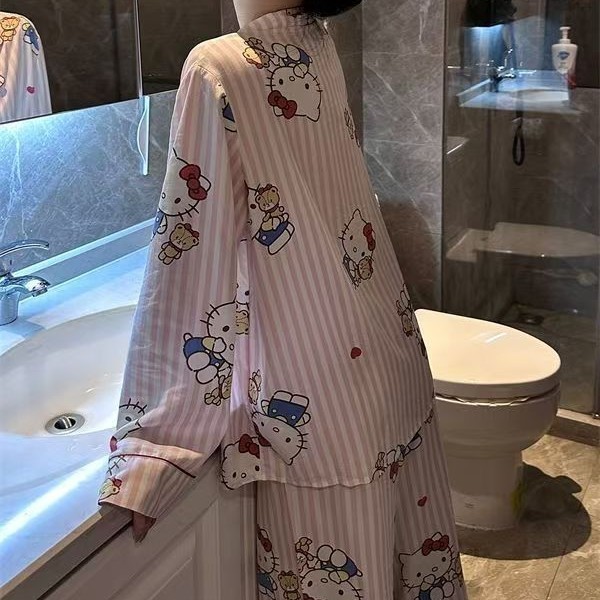 甜美条纹Kitty猫睡衣女春秋季长袖长裤套装学生宿舍 可外穿家居服|undefined
