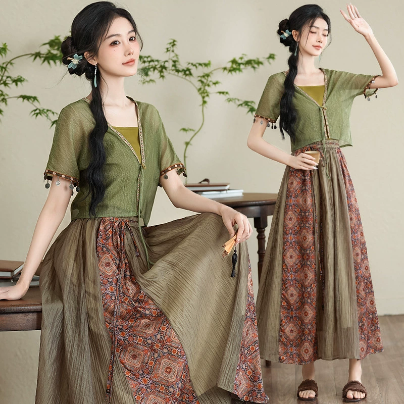 Реальный выстрел в новом китайском стиле ханьский костюм с V-образным вырезом женский летний кардиган с классическим улучшенным цветным набором юбок