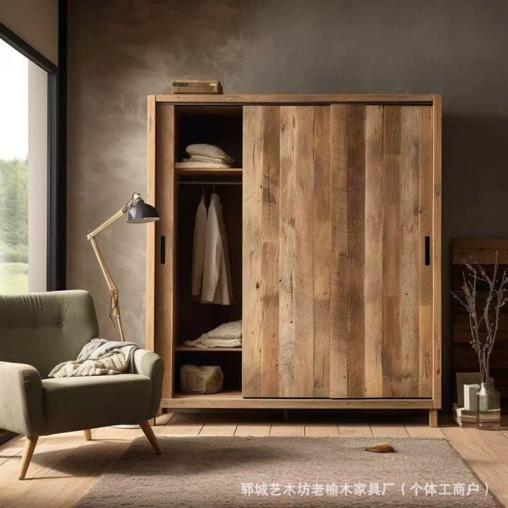 Тихий ветер старый шкаф из вяза домашний шкаф для спальни, раздвижной шкафчик ретро из массива дерева B & B отель простой шкаф