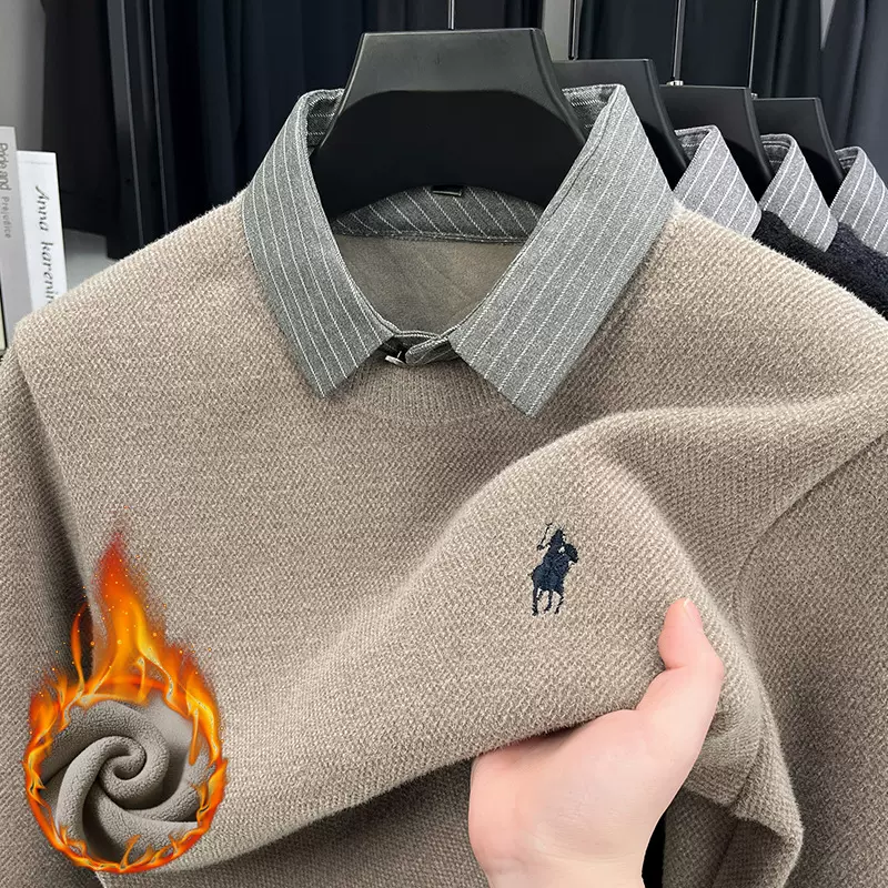 加绒加厚男士冬季商务休闲长袖假两件纯色针织衫衬衫领保暖上衣男