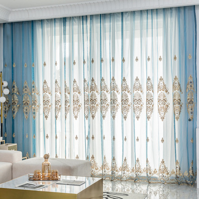 奢华欧式蓝色刺绣花纱别墅客厅卧室沙帘窗帘流行阳台成品窗帘成品|ms