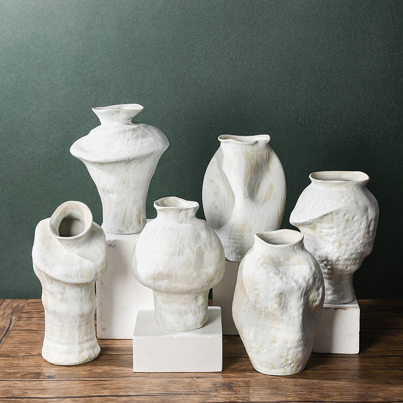 Quiet Style Retro Nostalgic Concave Bottle White Handmade High-Level Antique Simple Ornaments Jingdezhen Ceramic Vase