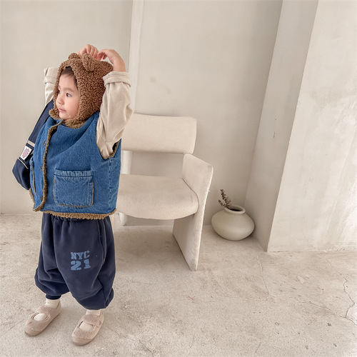  new children's clothing autumn and winter clothing children's Korean style denim lamb velvet thickened vest girls winter clothing 122623