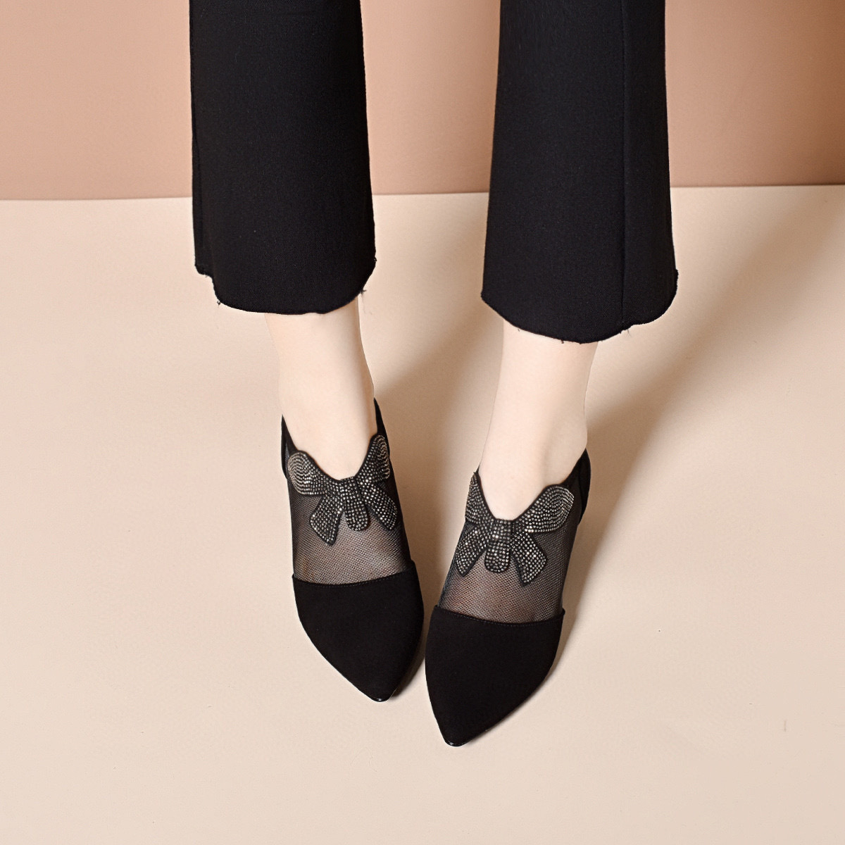 Giày sandal nữ mũi nhọn da thật lưới đính đá gót vuông 3 cm thoáng khí — Đen--3CM chi tiết 4