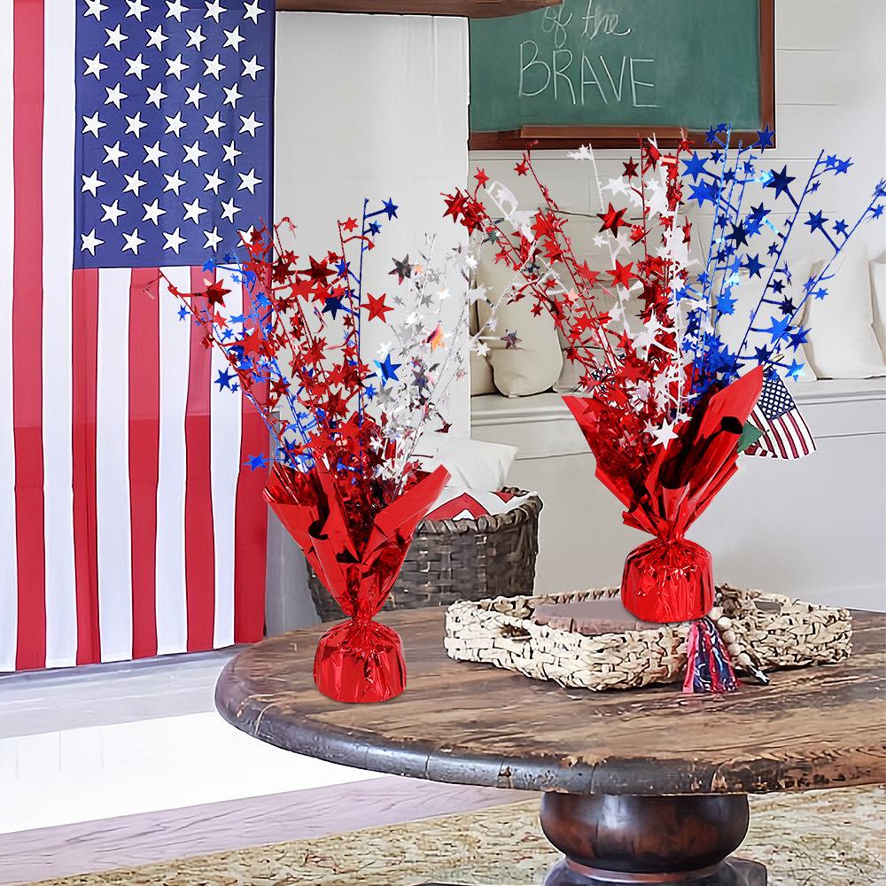 Decoraciones temáticas para la fiesta del Día de la Independencia Americana, guirnalda de estrellas de cinco puntas de alambre metálico rojo, plateado y azul, adornos decorativos para escritorio DIY.