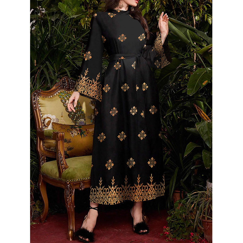 Fashion Black Printed Long-sleeved dress Women's Long 2025 Spring and Autumn Waist Elegant Slimming Ankle Long Skirt