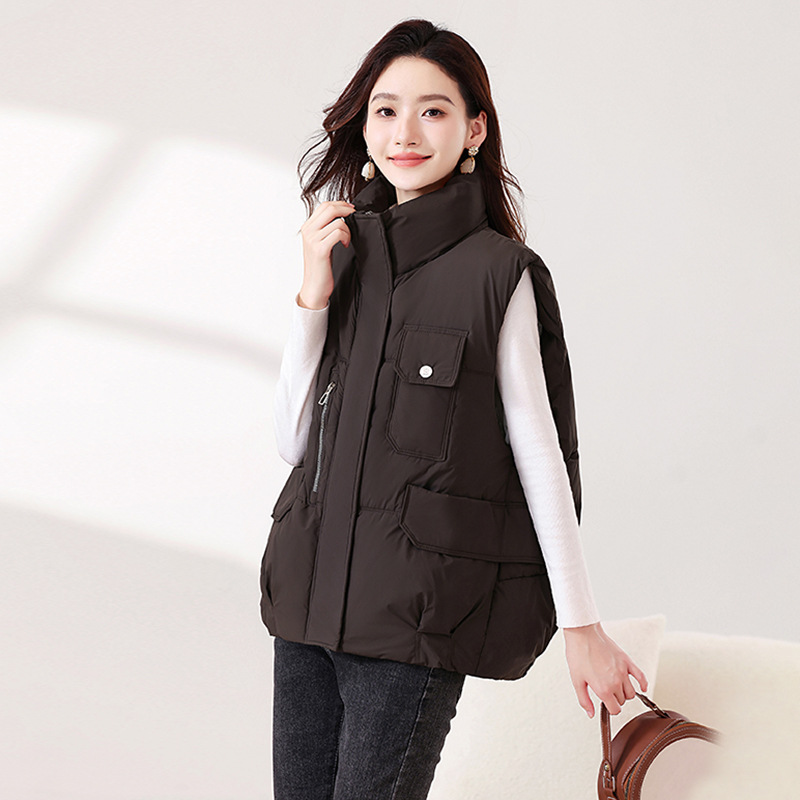 Invierno nuevo color sólido moda casual versátil delgado suelto cuello de pie grueso abrigo de algodón de hombro chaleco