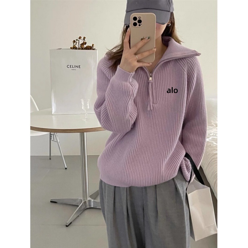 Alo Autumn and Winter Soft and Cozy Half-Zip Lapel Sweater New Ribbed Design Lazy Style High-Neck Knitwear