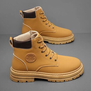 New Men's Shoes for Spring and Autumn 2025, Thick-Soled Martin Boots, Work Shoes, Fashionable Versatile Height-Increasing Yellow Boots for Trendy Men