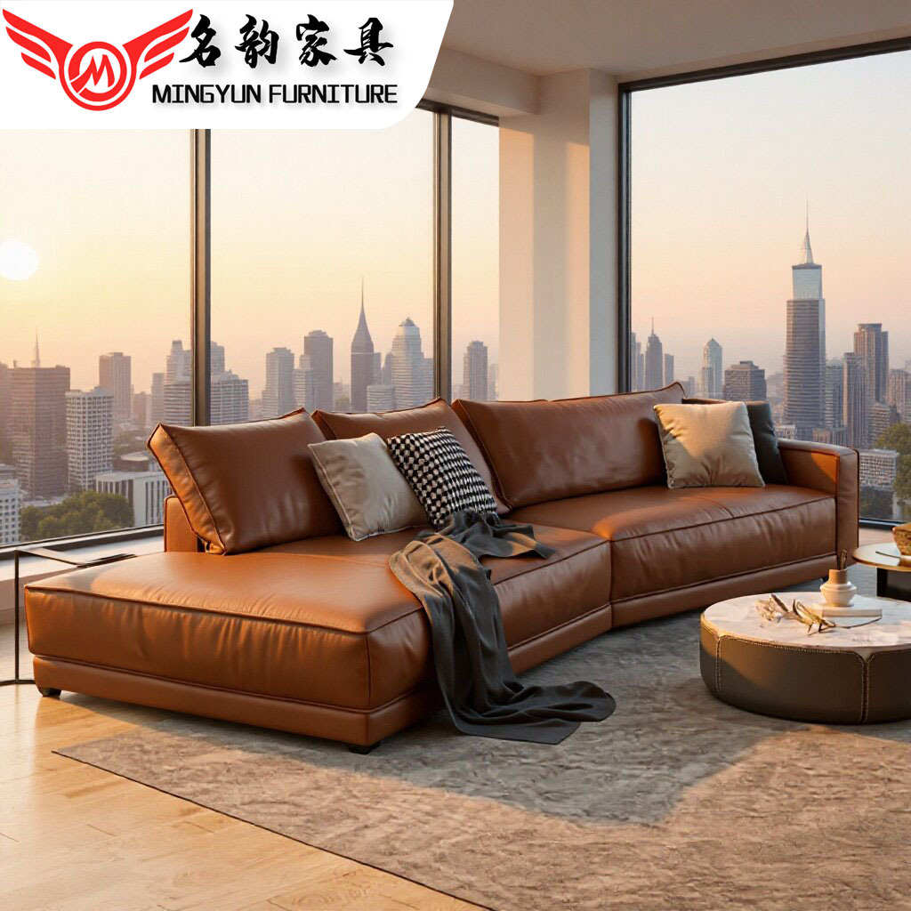 Custom-Made Italian-Style Minimalist Budapest Leather Irregular-Shaped Sofa for Large Flat-Floor Villas, Large Corner Down-Filled Living Room Sofa