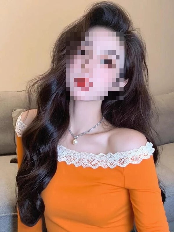 Korean Chic Single Top Early Autumn Design Niche Relaxed One-Shoulder Lace Orange Long-Sleeved T-Shirt for Women