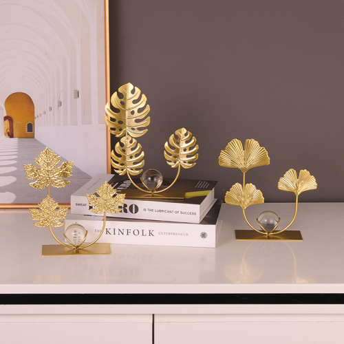 Light luxury iron maple leaf ornaments home model house soft decoration entrance hall living room wine cabinet decoration crystal ball metal ornaments