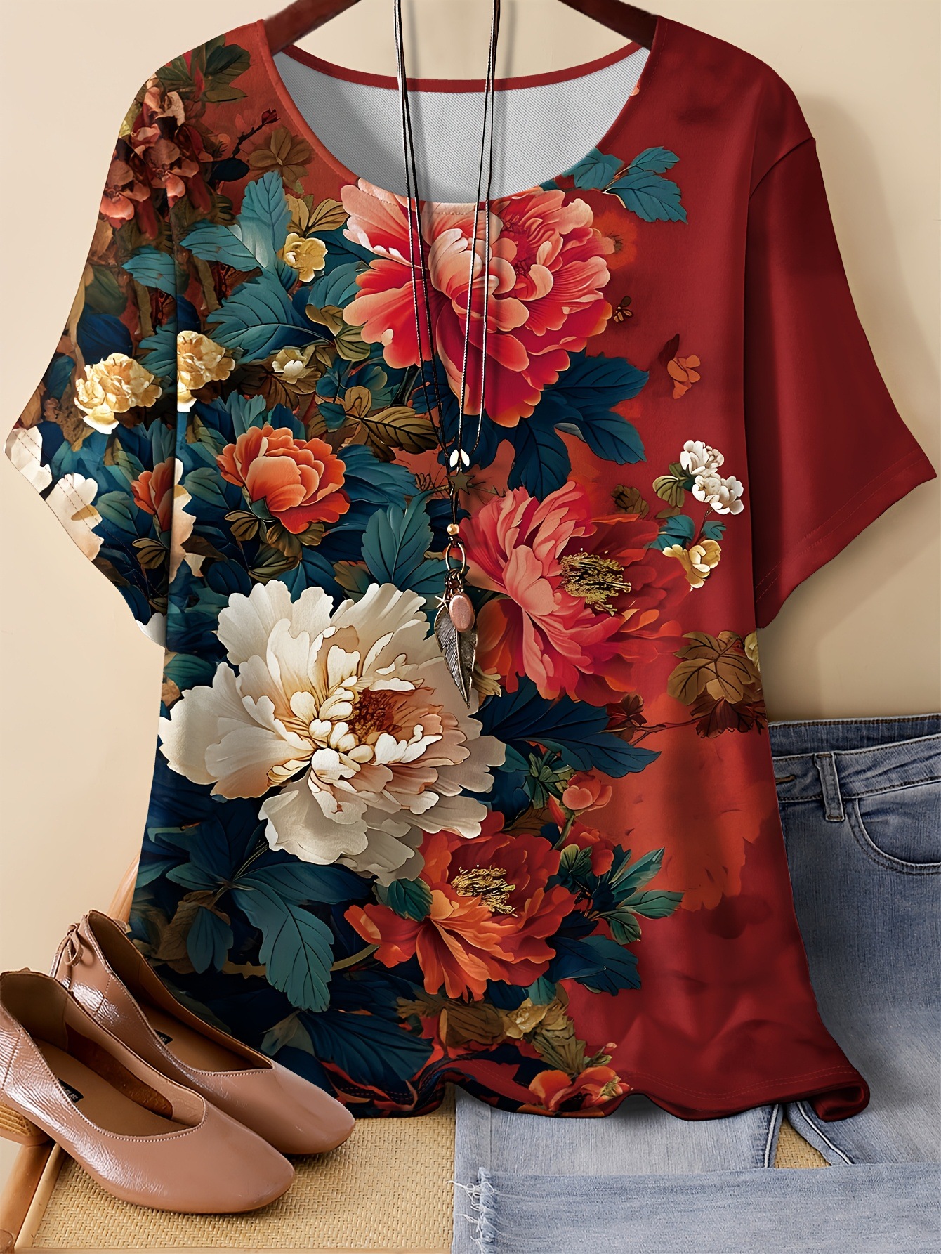 Floral & Crow Print Oversized T-Shirt – Soft Milk Silk Blend Short Sleeve Tee Unisex Oversized Cut_ecoleips.com