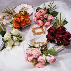 新款仿真把束9头情人玫 婚庆婚礼堂背景软装花 餐桌摆放外贸瓶花