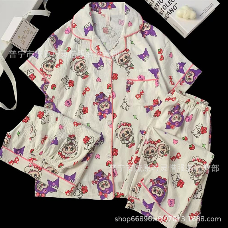 Hermosos pijamas de tela de rabu mujeres primavera y otoño verano nubes de algodón dulce mangas cortas pantalones cortos de tres piezas ropa para el hogar