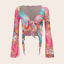 2025欧美跨境外贸性感透视修身系带显瘦印花长袖衬衫女 PG4788