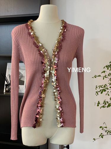 YIMENG23 French pink sequined knitted cardigan for women, gentle age-reducing long-sleeved top, niche bottoming shirt jacket