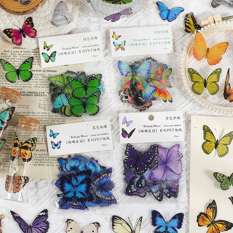 Наклейки-бабочки из ПЭТ для трансграничной торговли, материал для декора DIY-планеров и открыток, детские мультяшные наклейки для бутылок с водой, наклейки с пейзажами для планеров