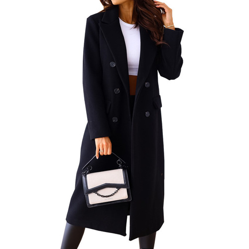 2025 autumn and winter new European and American women's clothing Amazon simple double-breasted long-sleeved lapel button woolen jacket
